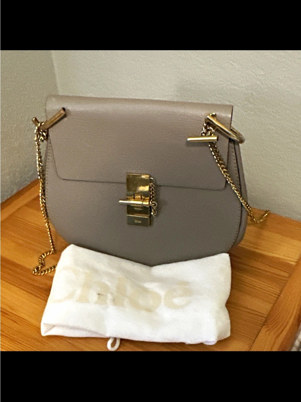 Authentic Chloé Drew Medium Shoulder Crossbody Bag Gray Taupe Leather Gold HW